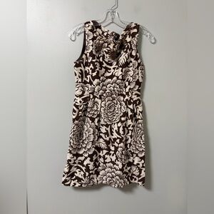 New directions brown cream floral linen blend sleeveless‎ beaded neck dress 6P